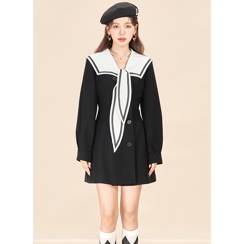 French British style navy collar high waist slim mid-length double breasted black temperament suit dress for women in autumn