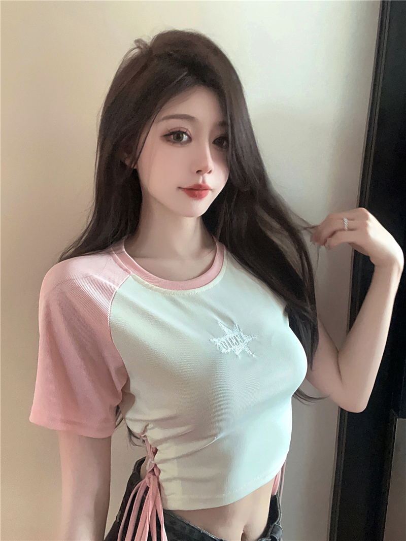 [Real shot] Pure lust style hottie strappy short-sleeved T-shirt women's summer slimming and sexy navel-baring short top ins