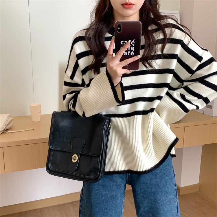 [Quality] Autumn and winter Korean retro striped sweater women's sweater loose slimming long-sleeved top