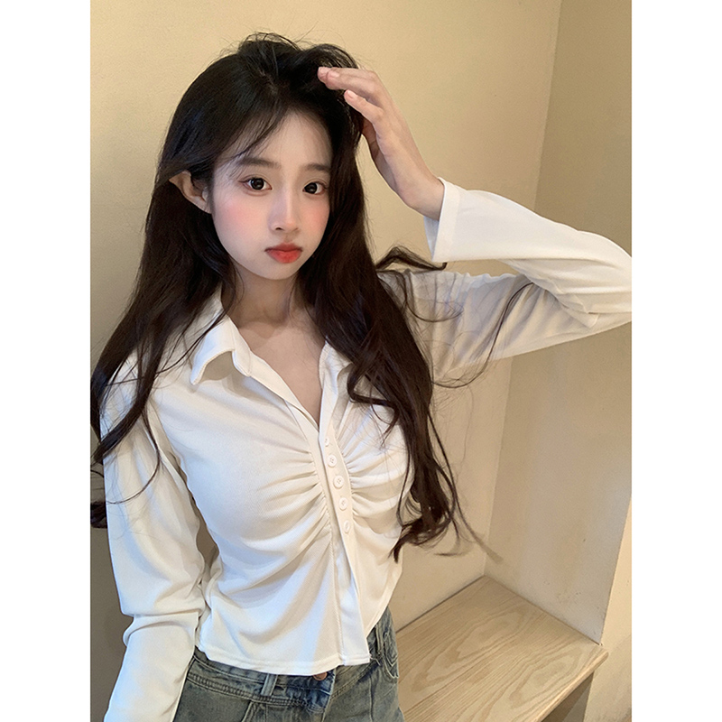 Spring and Autumn New Pure Desire Hot Girl Style Pleated Fashion Niche Versatile Skin Friendly Stretch V-Neck Short Long Sleeve Shirt for Women