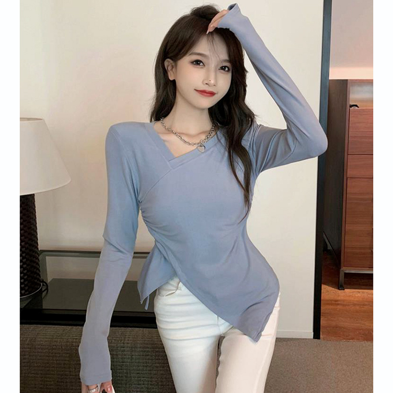 Pure Desire Hot Girl Irregular Drawstring Long Sleeve T-Shirt Women's Design Niche Slim Bottoming Shirt with Chic Top