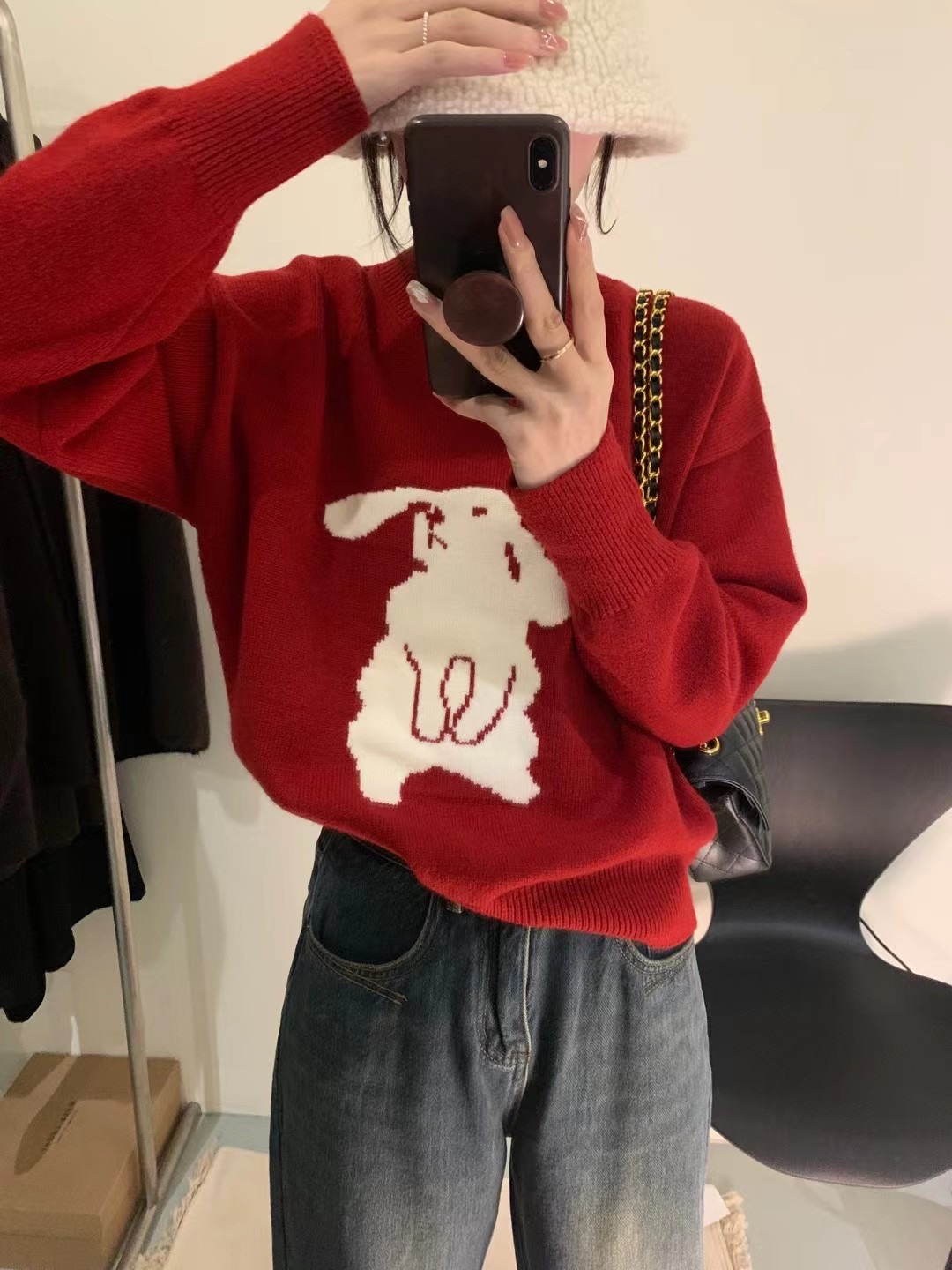 New Year and Christmas Rabbit Zodiac Year Cherry Red Sweater Women's Autumn and Winter Atmosphere Pullover Bottoming Sweater