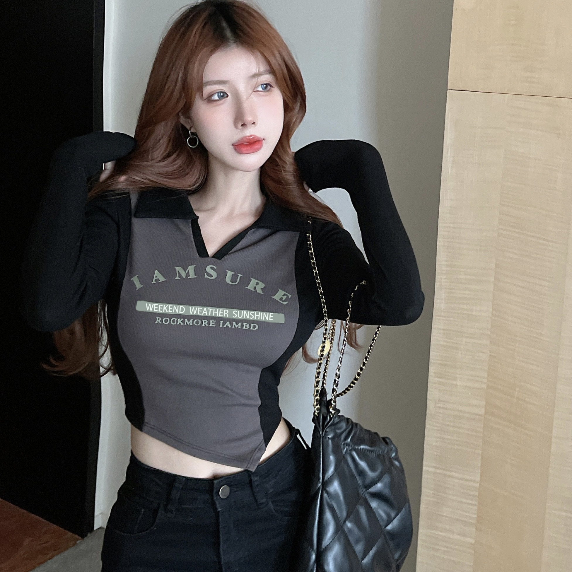 Contrast color polo neck slim long-sleeved t-shirt for women in autumn pure lust hottie sexy v-neck top chic chic bottoming shirt