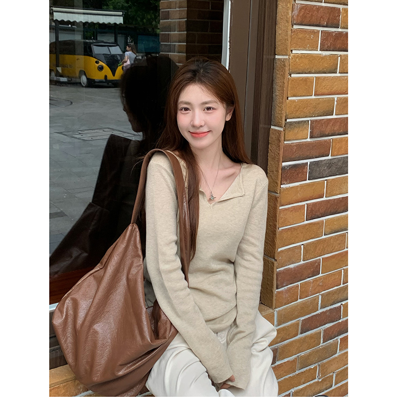 Designed solid color V-neck simple long-sleeved sweater for women in early autumn, lazy style, versatile inner-layer casual top