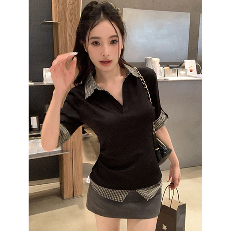 Morning collar [original craft fabric] American polo collar short-sleeved T-shirt for women early autumn new spliced ​​fake two-piece top