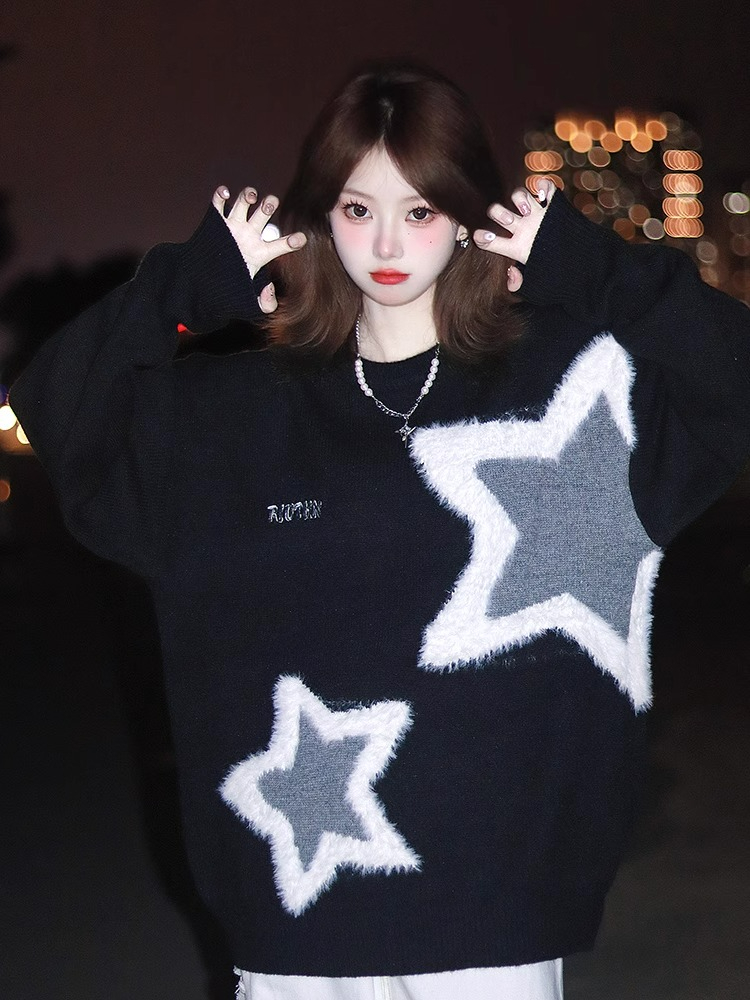 Good quality [sheep wool] [large format] American towel embroidered stars lazy style pullover sweater for couple