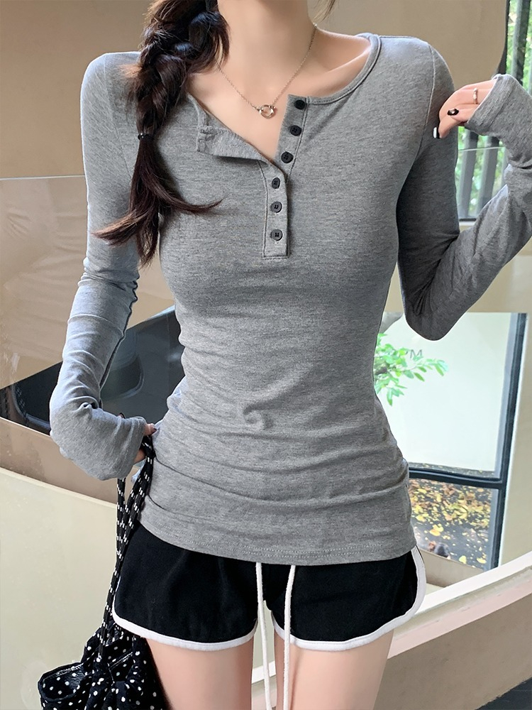 [Original Quality] Hot Curvy Pure Desire Half Open Collar Button Long Sleeve T-Shirt Women's Slim Bottoming Shirt Right Shoulder Top