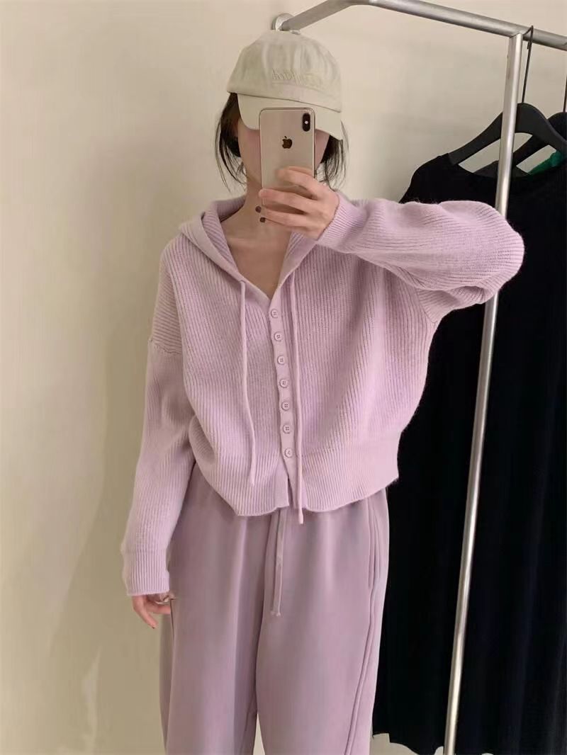 Gentle wind small hooded sweater for women spring and autumn new loose slim casual solid color cardigan top short style