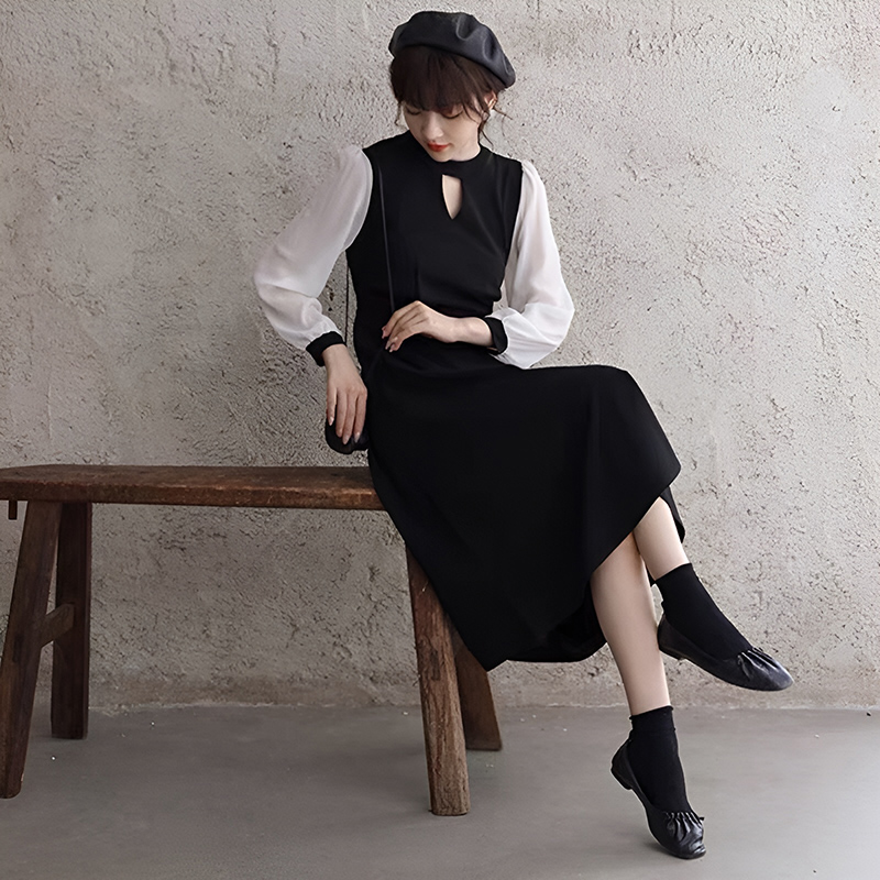 Hepburn style long-sleeved dress new spring waist slimming little black skirt women's fashionable and mature mid-length style