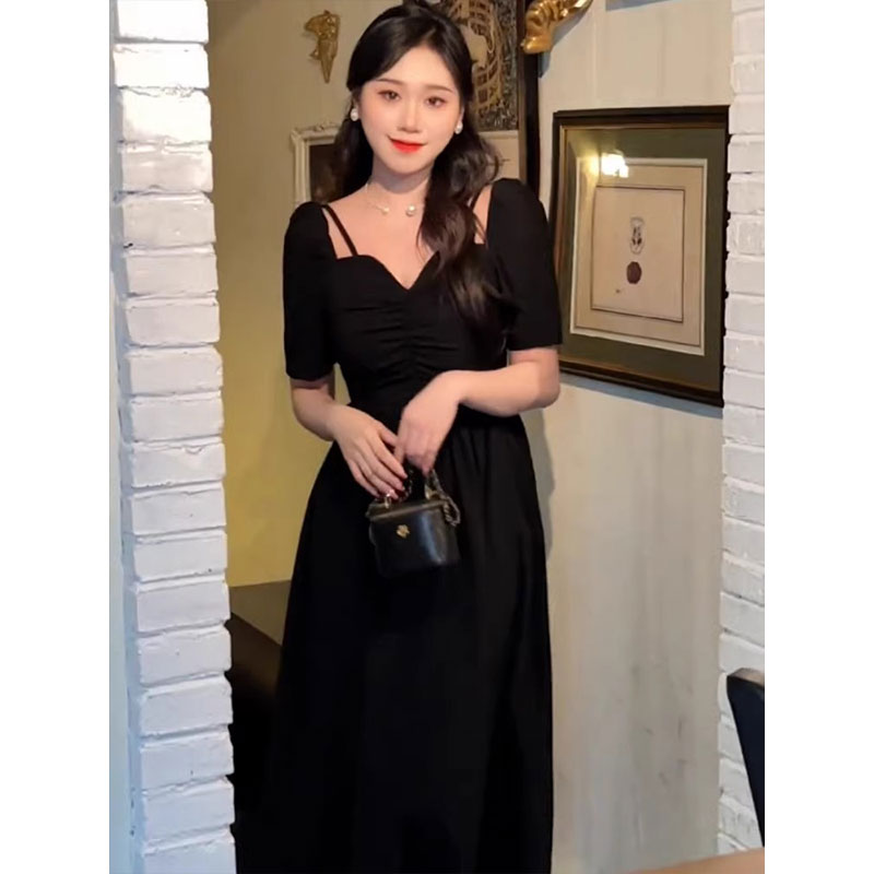 [Good Fabric] Pure lust-style hottie off-shoulder V-neck dress for women with fat summer belly-covering slimming chic long skirt