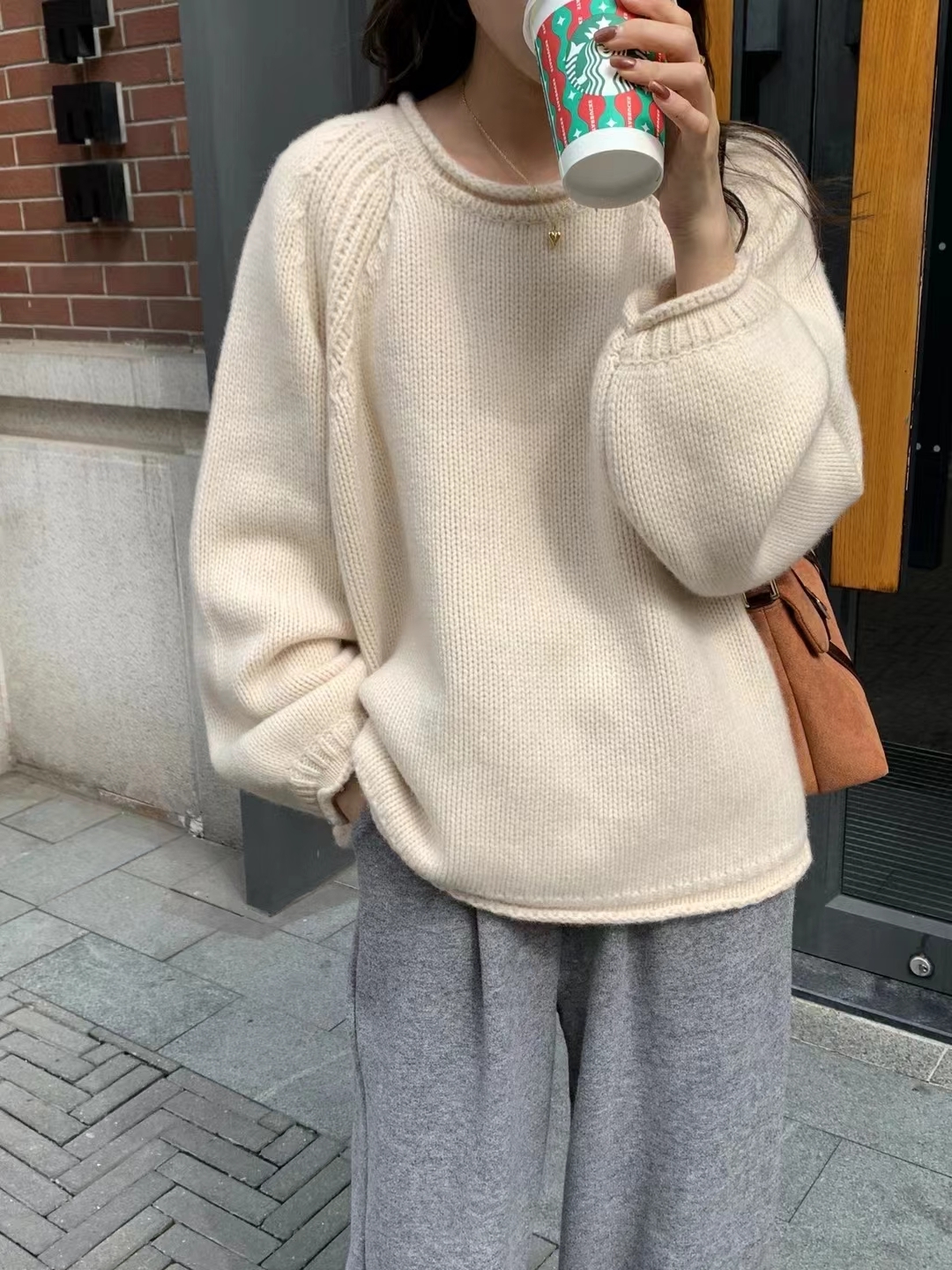 French style yellow knitted sweater pullover gentle new style women's autumn thick stick needle loose lazy style top