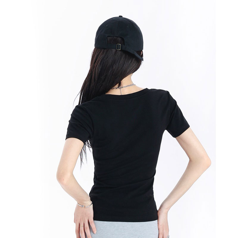 [Quality - original quality] Right shoulder short-sleeved T-shirt women's slim U-neck collarbone exposed short top for small people