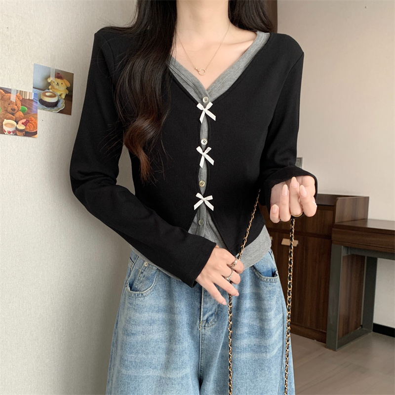 Morning collar [original fabric feels authentic] fake two-piece spliced ​​V-neck long-sleeved T-shirt early autumn slimming short top