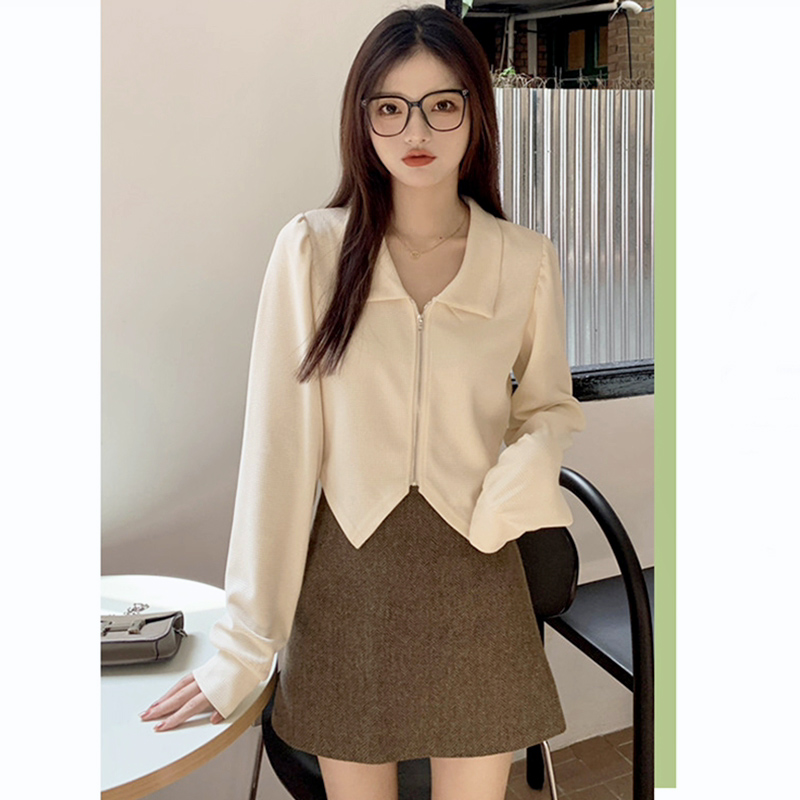 Plus size women's autumn wear right shoulder long sleeve t-shirt knitted irregular slimming top fat girl zipper waist bottoming shirt