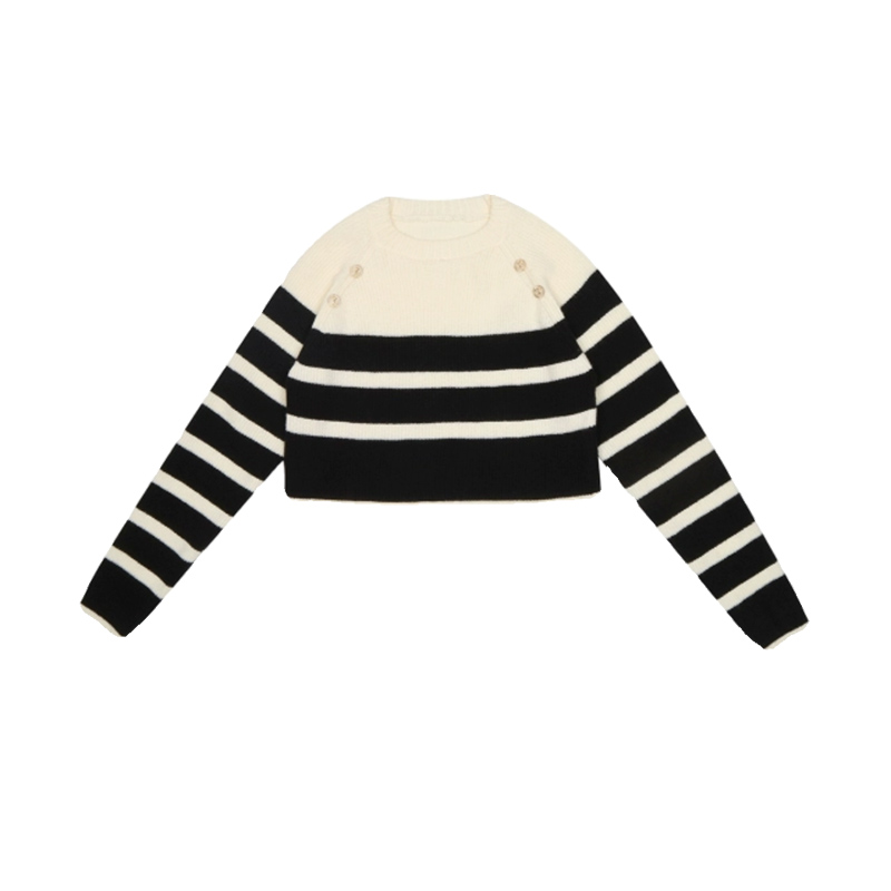 [Quality] Metal buckle contrasting striped sweater women's new loose soft waxy lazy sweater autumn and winter