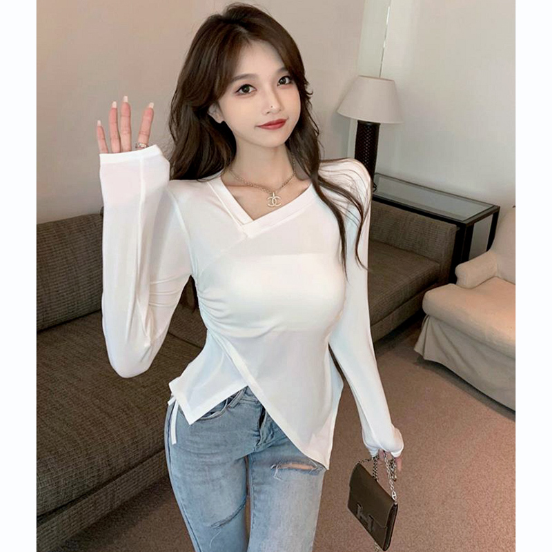 Pure Desire Hot Girl Irregular Drawstring Long Sleeve T-Shirt Women's Design Niche Slim Bottoming Shirt with Chic Top