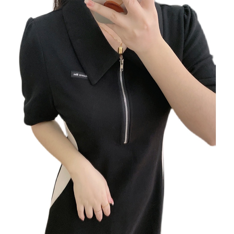 Large size polo collar dress for women summer short sleeve zipper fat mm slimming pure desire black a line hip skirt