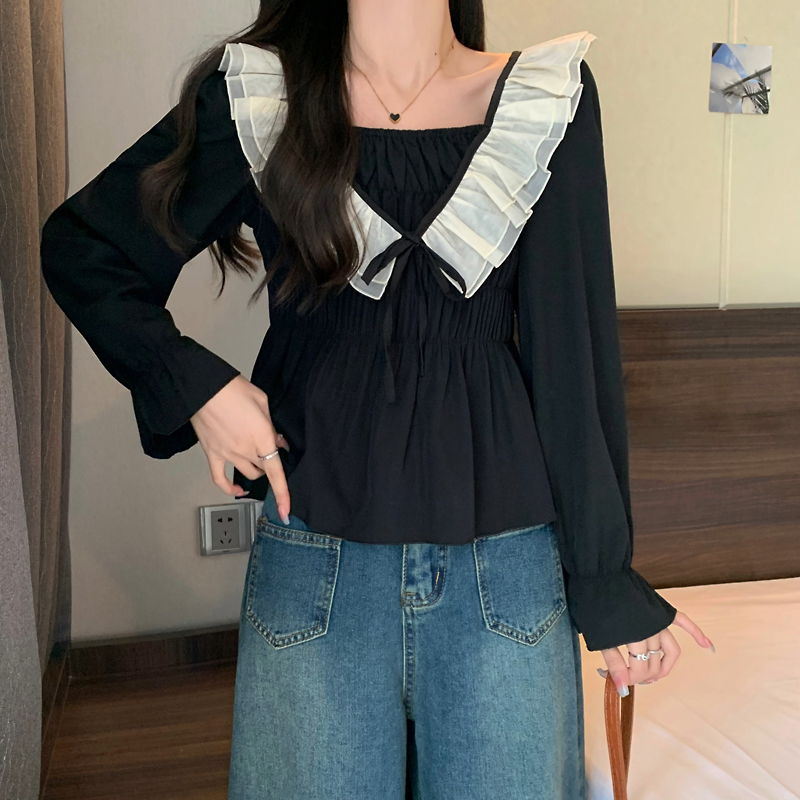 [Real shot] Plus size women's French ruffled long-sleeved shirt for women in autumn and winter to cover belly and look slimming, trendy tops