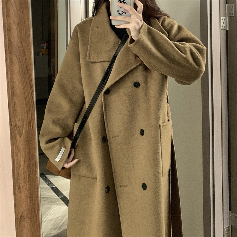 [With Perm] [Large Buttons] [350g] Autumn and Winter Woolen Coat Women's Hepburn Style Woolen Coat Small Korean Style