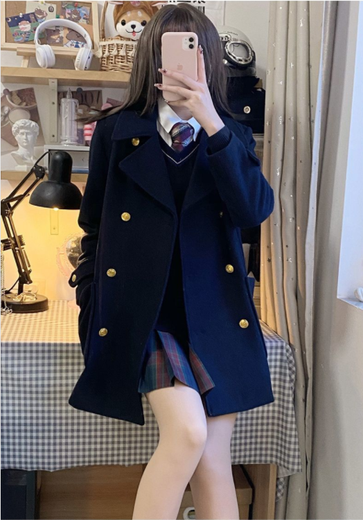 [With Perm] [Large Buttons] [360g] Winter Japanese College Style Woolen Jacket Women's JK Uniform Double-breasted Coat