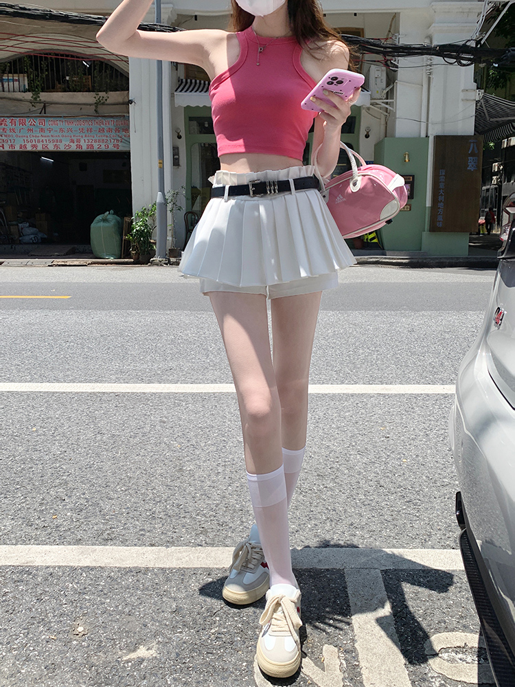 Sweet and spicy white high-waisted pleated skirt, short skirt and culottes for women, spring and summer new style, versatile and slimming A-line skirt for small people