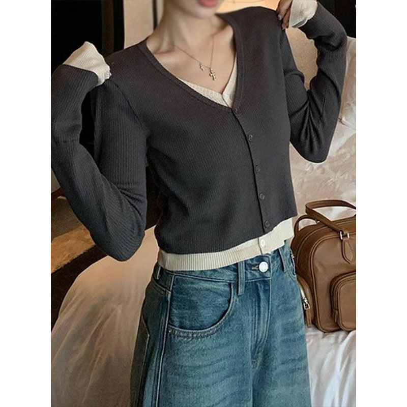 Morning collar [original quality] early autumn fake two-piece short long-sleeved T-shirt cardigan top for women with niche design and slim fit