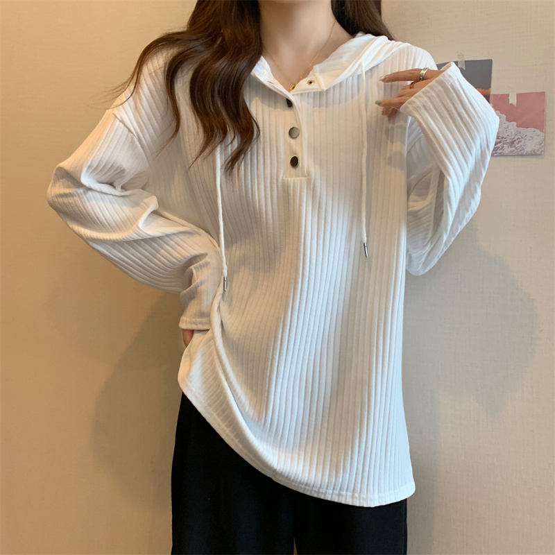 [2 Colors] Plus-size women's belly-covering, lazy-style loose knitted top for autumn and winter slimming hooded long-sleeved bottoming shirt