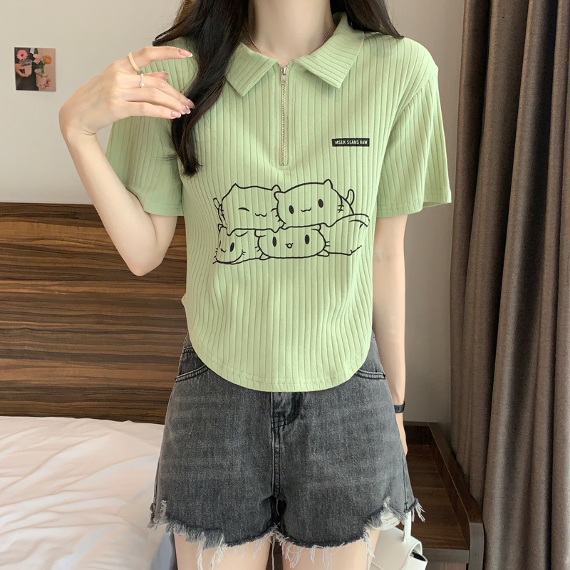 [] Large size polo shirt slightly fat right shoulder T-shirt for women with summer fat mm design short belly-covering slimming top