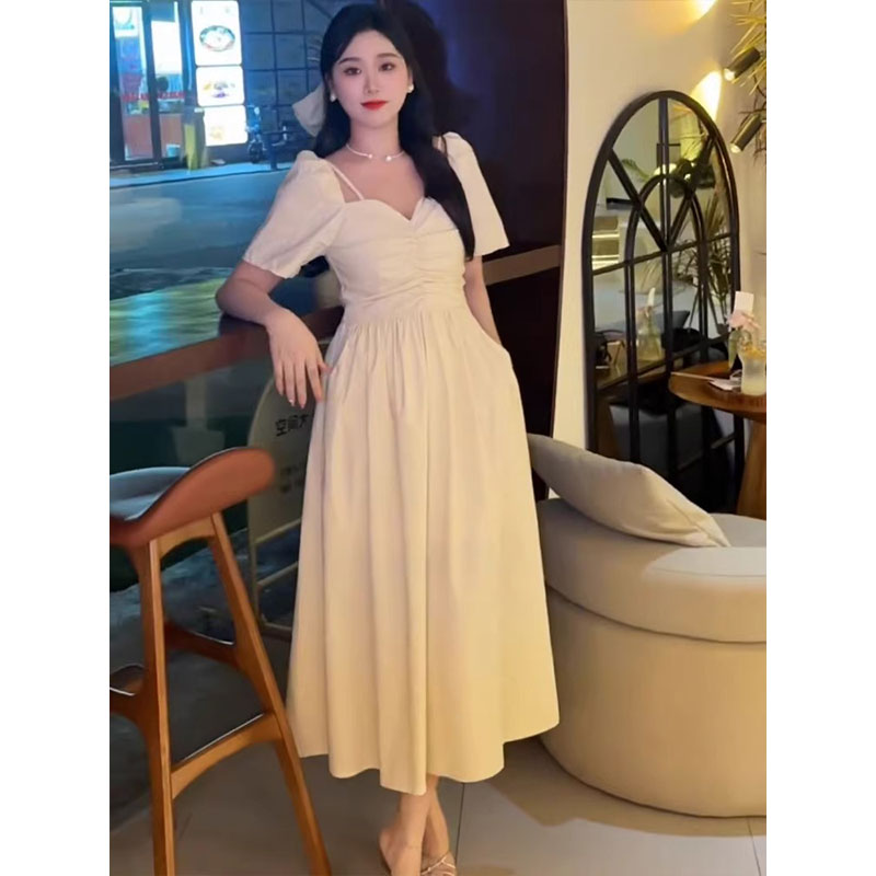 [Good Fabric] Pure lust-style hottie off-shoulder V-neck dress for women with fat summer belly-covering slimming chic long skirt