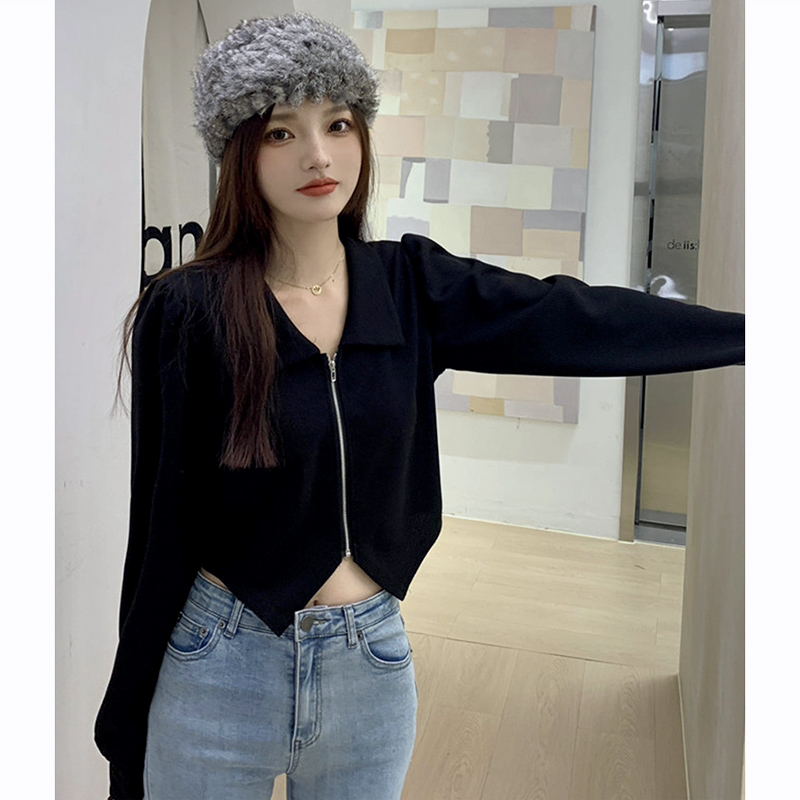 Plus size women's autumn wear right shoulder long sleeve t-shirt knitted irregular slimming top fat girl zipper waist bottoming shirt