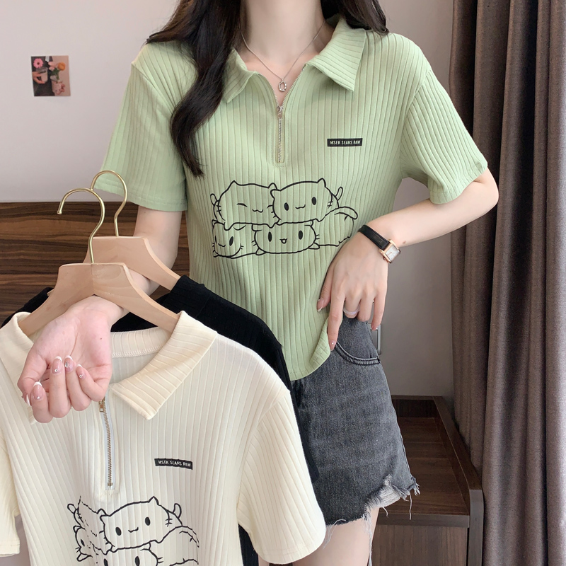 [] Large size polo shirt slightly fat right shoulder T-shirt for women with summer fat mm design short belly-covering slimming top