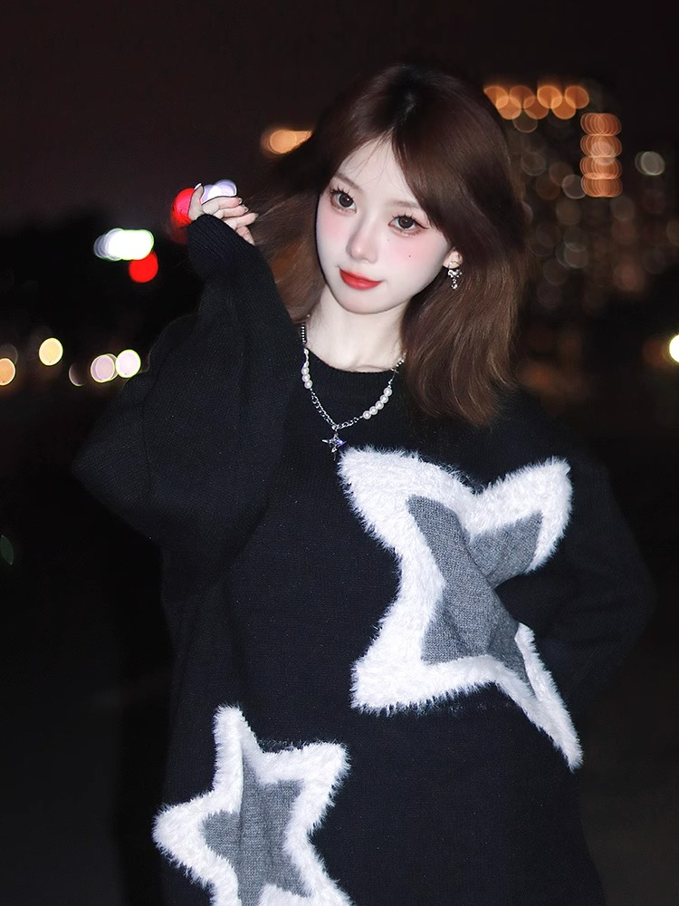 Good quality [sheep wool] [large format] American towel embroidered stars lazy style pullover sweater for couple