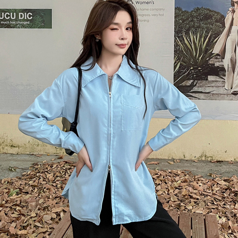 [Real shot] [2 colors] French retro design zipper white POLO collar long-sleeved shirt for women with niche and loose temperament