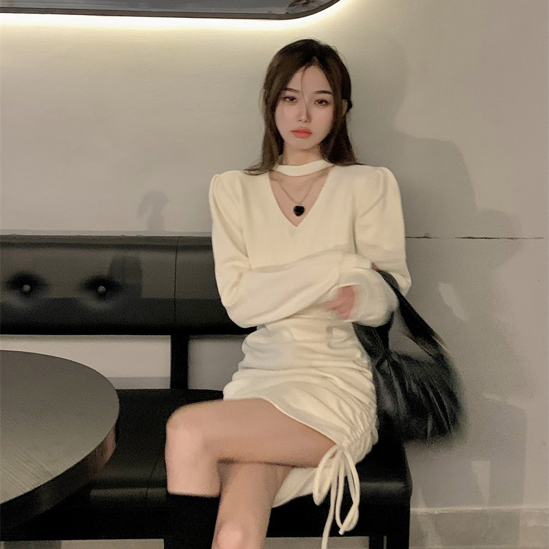 Morning collar new sexy temperament slim fit hip-hugging hollow bottoming pure desire long-sleeved French halterneck dress for women in autumn and winter