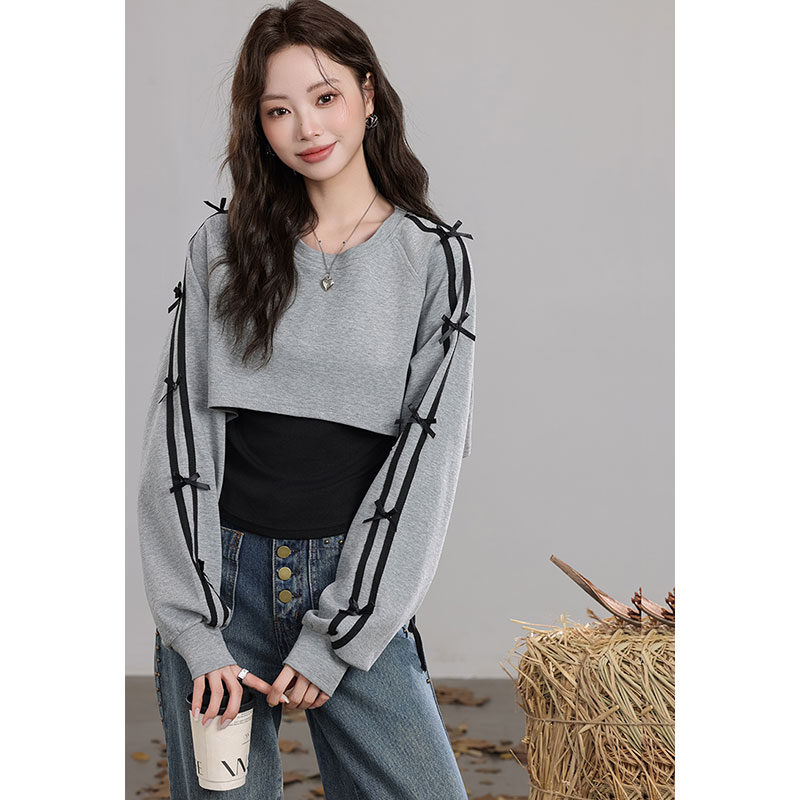 Morning collar [original quality] short long-sleeved sweatshirt for women, new autumn gray top with black slimming vest