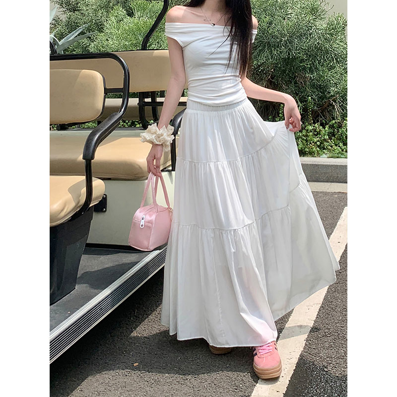 [Tmall Quality] [Full Elastic Waist] French white skirt for women summer new fat girl slimming A-line skirt