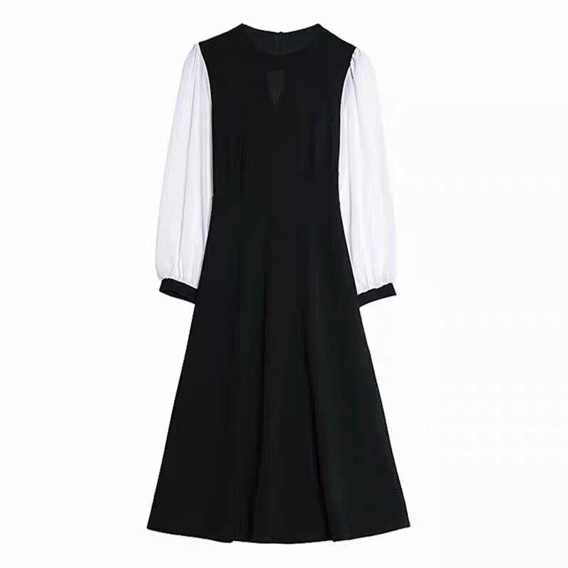 Hepburn style long-sleeved dress new spring waist slimming little black skirt women's fashionable and mature mid-length style