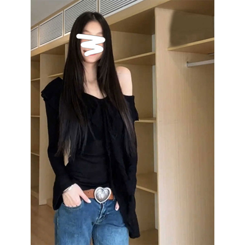 Morning collar [impulse style] Designed ruffled one-shoulder T-shirt for women in early autumn Korean style slim hottie off-shoulder top