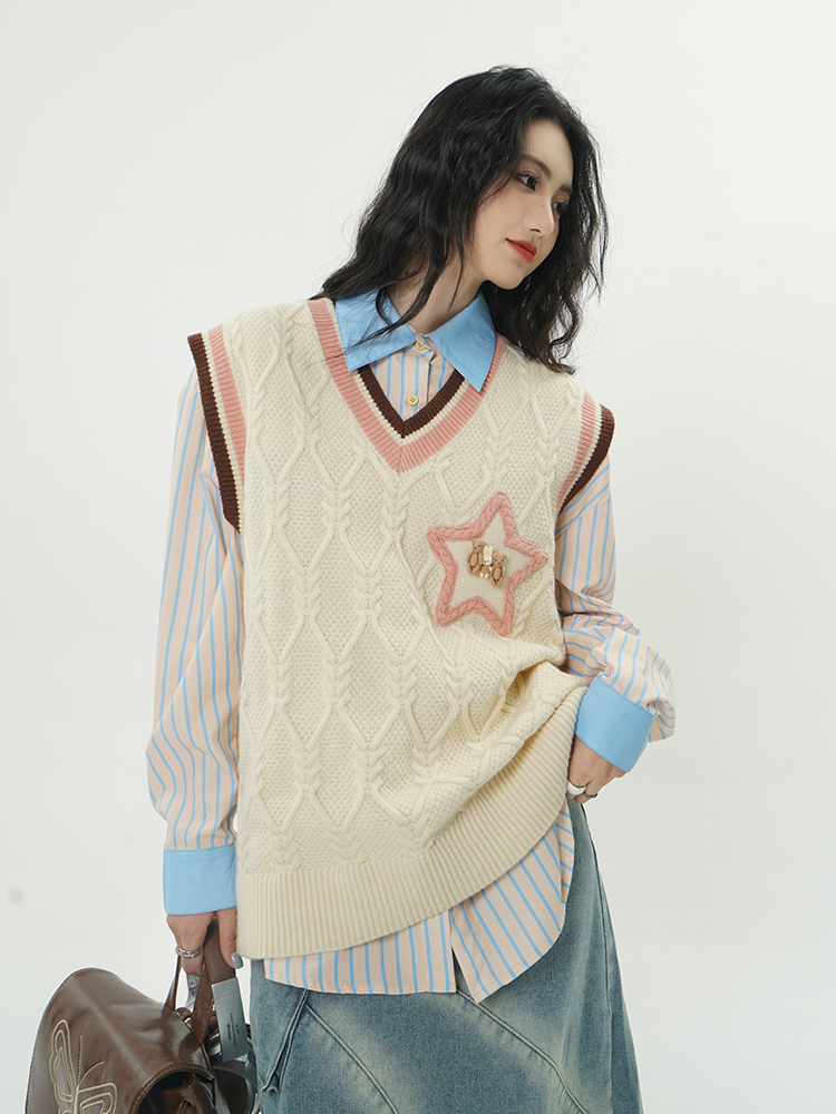 American retro college style knitted vest for women autumn star embroidered couple vest loose v-neck sleeveless sweater