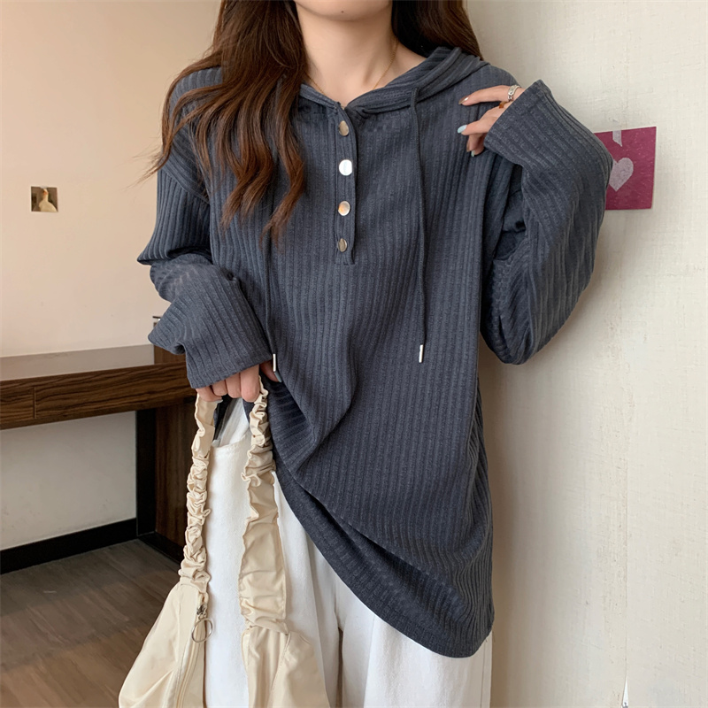 [2 Colors] Plus-size women's belly-covering, lazy-style loose knitted top for autumn and winter slimming hooded long-sleeved bottoming shirt