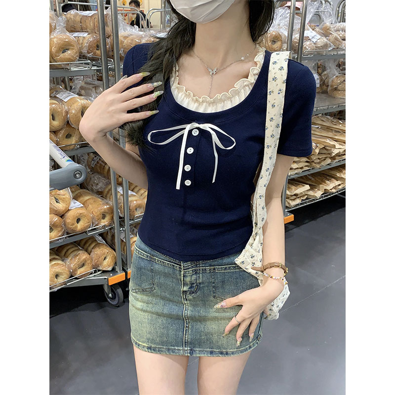 [Original fabric - method] Fake two-piece short-sleeved T-shirt for women in summer, sweet and slim, short and gentle top