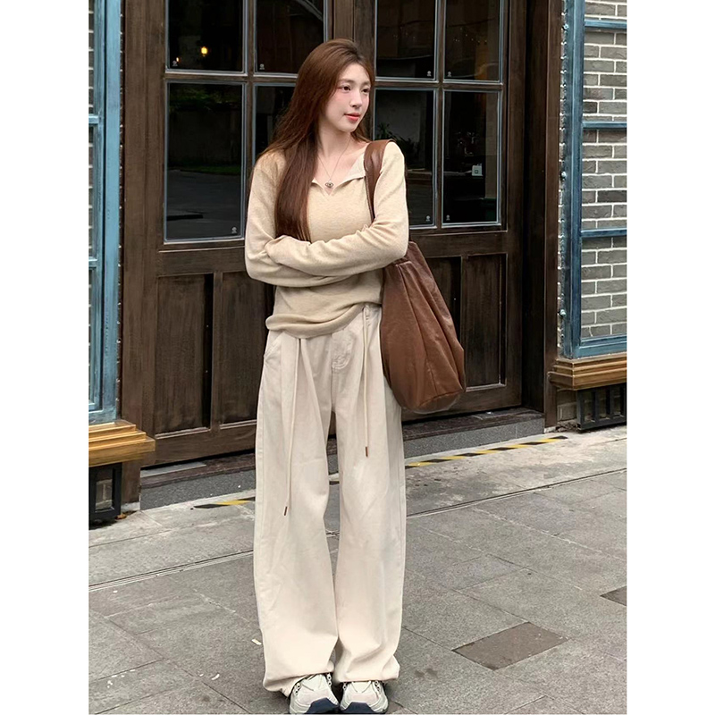 Designed solid color V-neck simple long-sleeved sweater for women in early autumn, lazy style, versatile inner-layer casual top