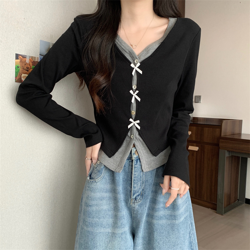 Morning collar [original fabric feels authentic] fake two-piece spliced ​​V-neck long-sleeved T-shirt early autumn slimming short top