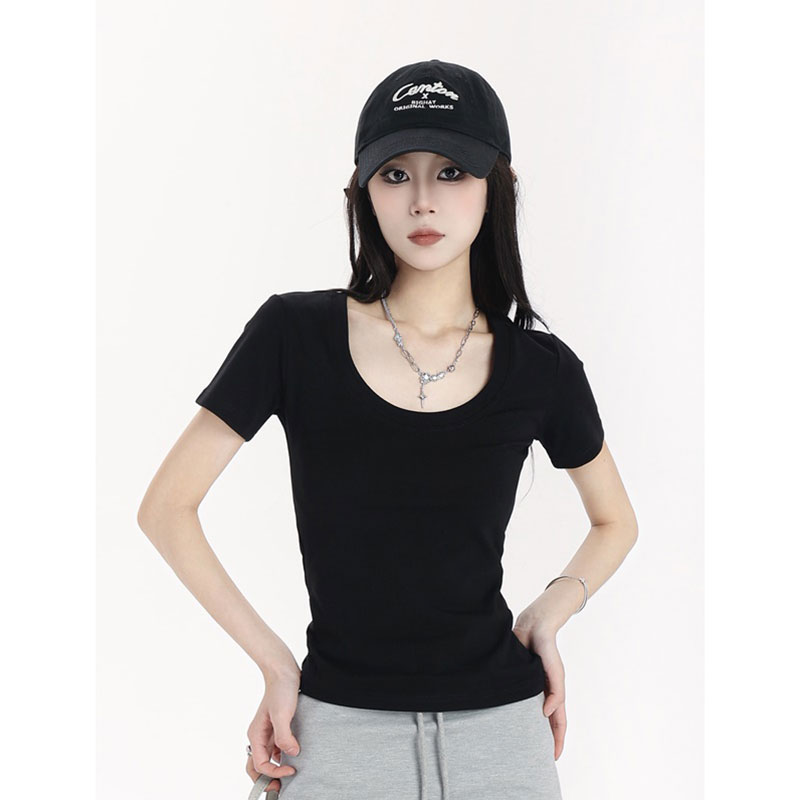 [Quality - original quality] Right shoulder short-sleeved T-shirt women's slim U-neck collarbone exposed short top for small people