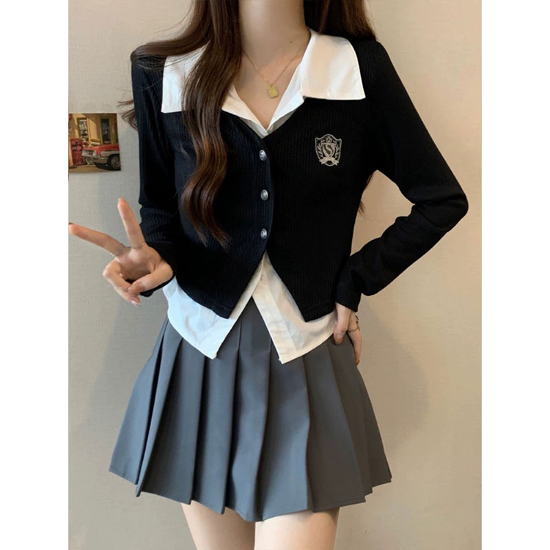 Fake two-piece college style Polo collar shirt top autumn new gray pleated skirt suit two-piece set for women