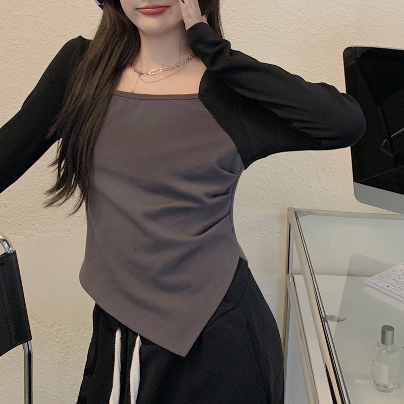 Irregular slit bottoming shirt for women in spring and autumn plus size niche versatile design long-sleeved T-shirt hot girl square neck top