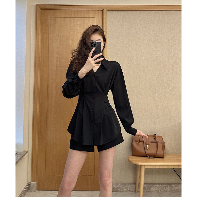 [3 Colors] [High Quality] Designed French Style Long Sleeve Shirt Women's Large Size Slim Waist Lapel Top