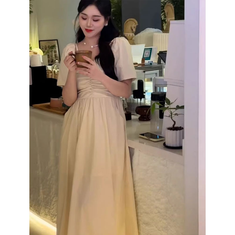 [Good Fabric] Pure lust-style hottie off-shoulder V-neck dress for women with fat summer belly-covering slimming chic long skirt