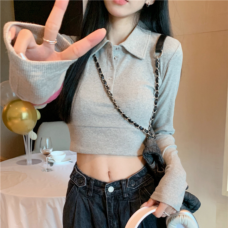 [Thick Style] POLO Collar Short Slim T-Shirt Women's Gray Shoulder Bottoming Shirt Black Tight Long Sleeve Top