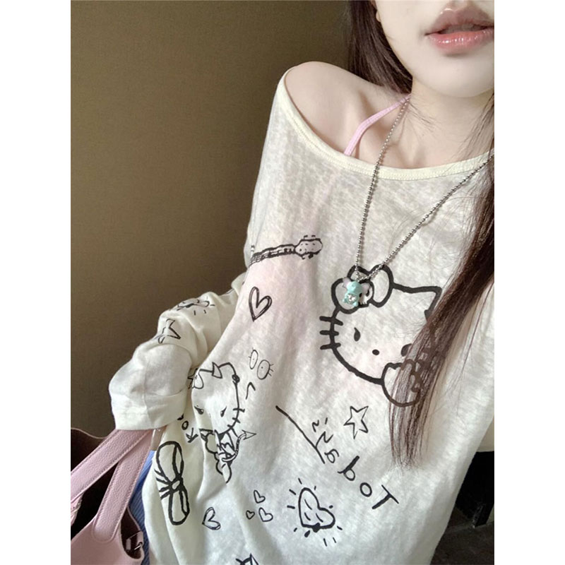 Morning collar [original fabric] cartoon printed sunscreen long-sleeved T-shirt for women early autumn new thin loose slimming top